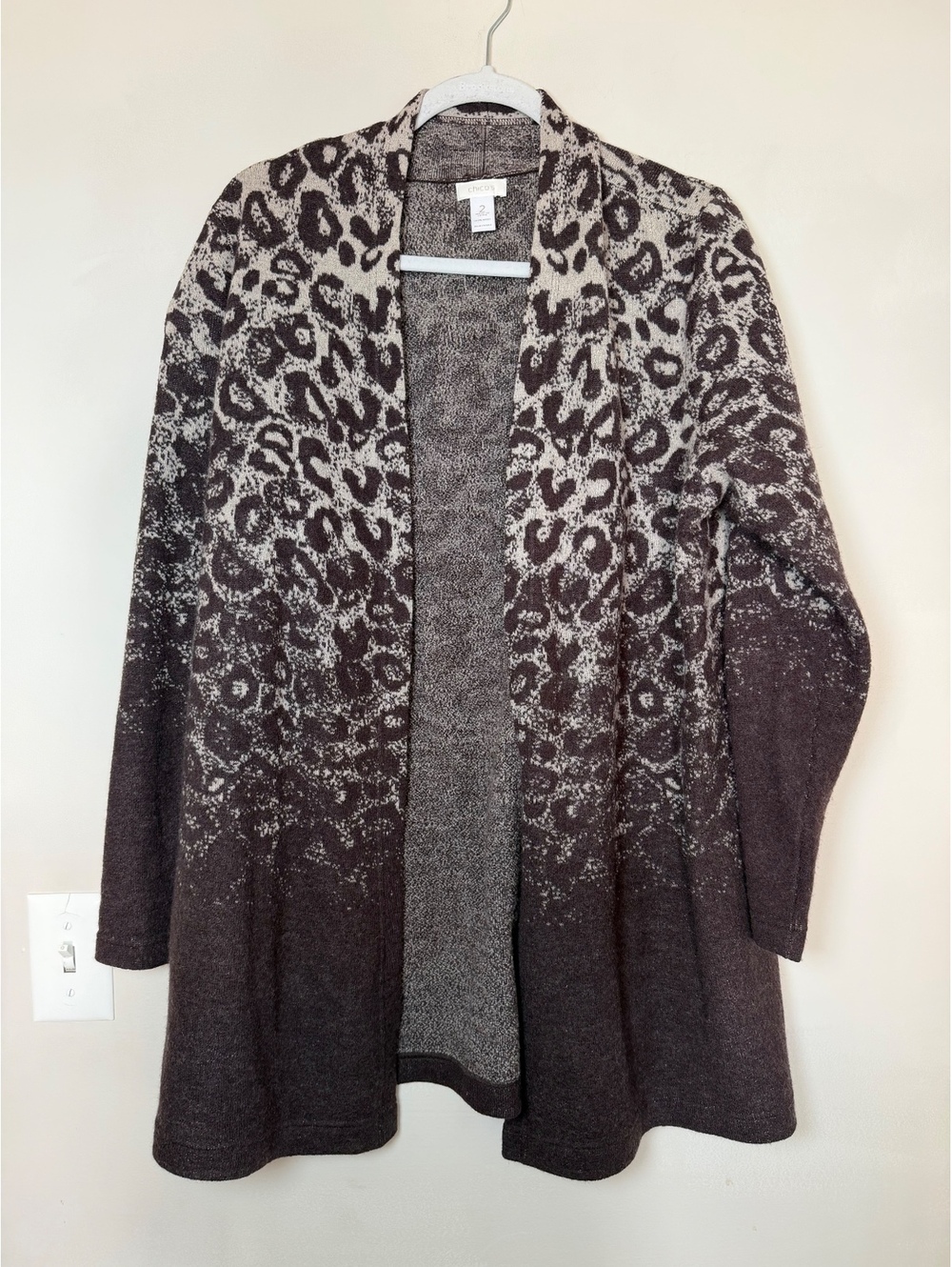 Chico's Women's 100% Wool Brown Leopard Print Open Front Cardigan. Size 2